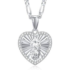 Catholic Virgin Mary Necklace 14K Gold Heart Zirconia Guadalupe Pendant Women